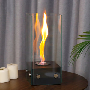 JHY DESIGN Rectangular Glass Tabletop Firepit 35cm H – Portable, Bio Ethanol, Ventless, Rotating Flame, Indoor/Outdoor