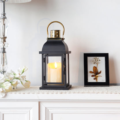 10"H Black Candle Lantern With Golden Top Design