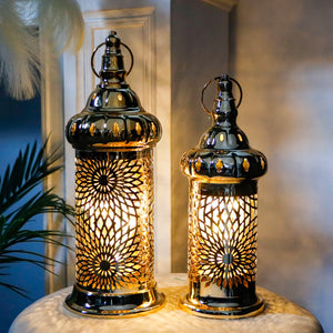 Ramadan Lanterns Set of 2 (10" &12.5") - Gold Electric, Timer, Metal Vintage Decorative, Indoor/Outdoor Decor, EID Mubarak Gift