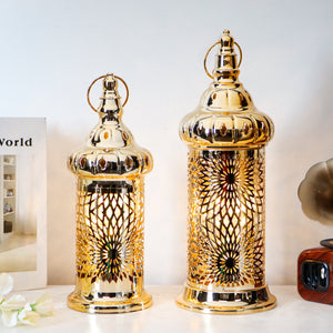 Ramadan Lanterns Set of 2 (10" &12.5") - Gold Electric, Timer, Metal Vintage Decorative, Indoor/Outdoor Decor, EID Mubarak Gift