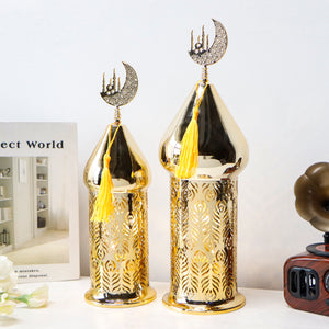 Ramadan Lanterns Set of 2 (14" &12") - Gold Electric, Timer, Metal Vintage, Indoor/Outdoor Decor, EID Mubarak Gift