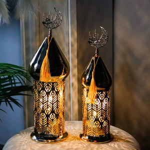 Ramadan Lanterns Set of 2 (14" &12") - Gold Electric, Timer, Metal Vintage, Indoor/Outdoor Decor, EID Mubarak Gift