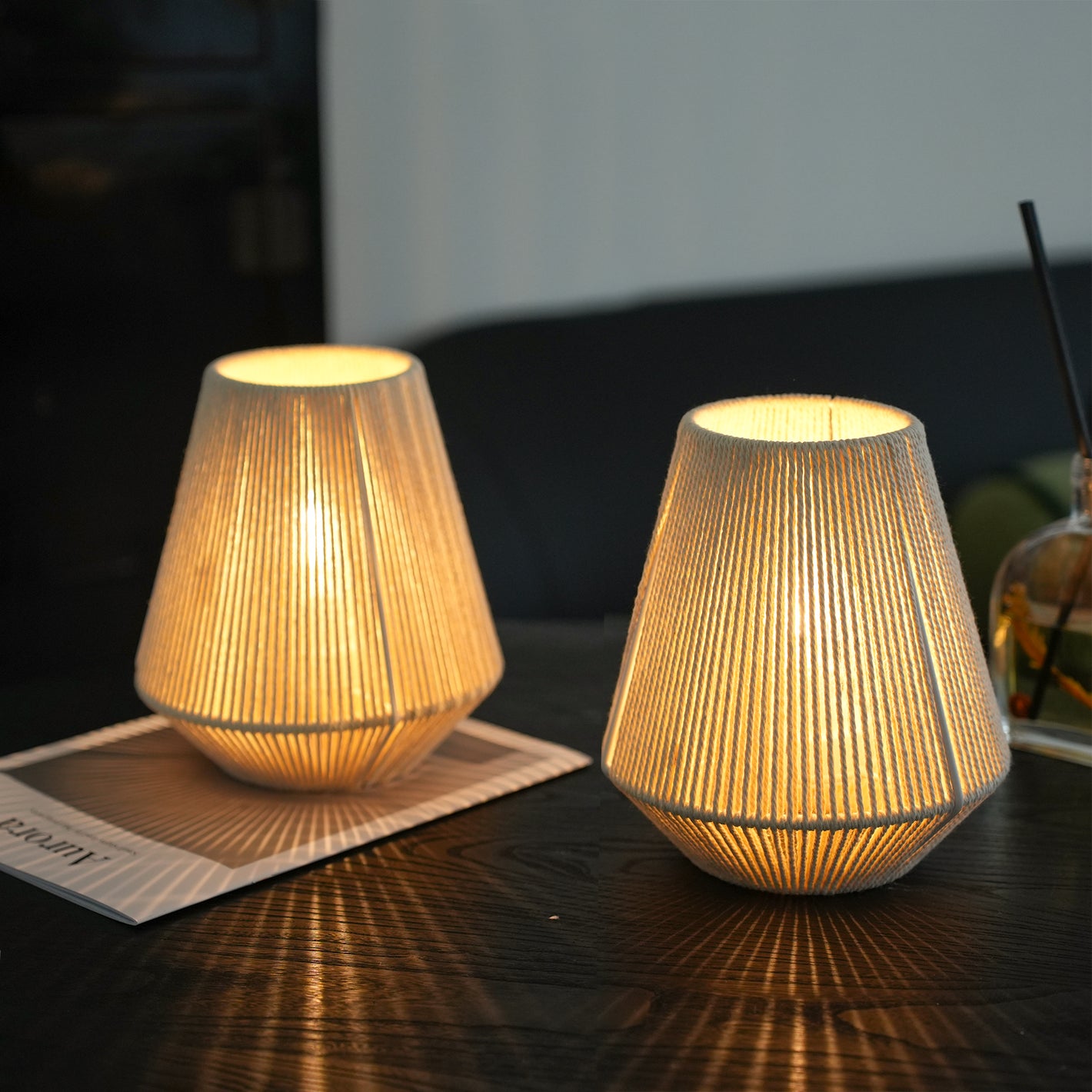 JHY DESIGN 2-Pack Boho Woven Cotton Rope Table Lamp - 8" H Cordless Battery - Operated with 6-Hour Timer, Perfect for Bedroom Bedside & Events