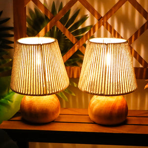 TRIROCKS Set of 2 Woven Cotton Rope Table Lamp – 8'' Cordless Battery-Powered, Wooden Base Boho Lamps, Indoor/Outdoor