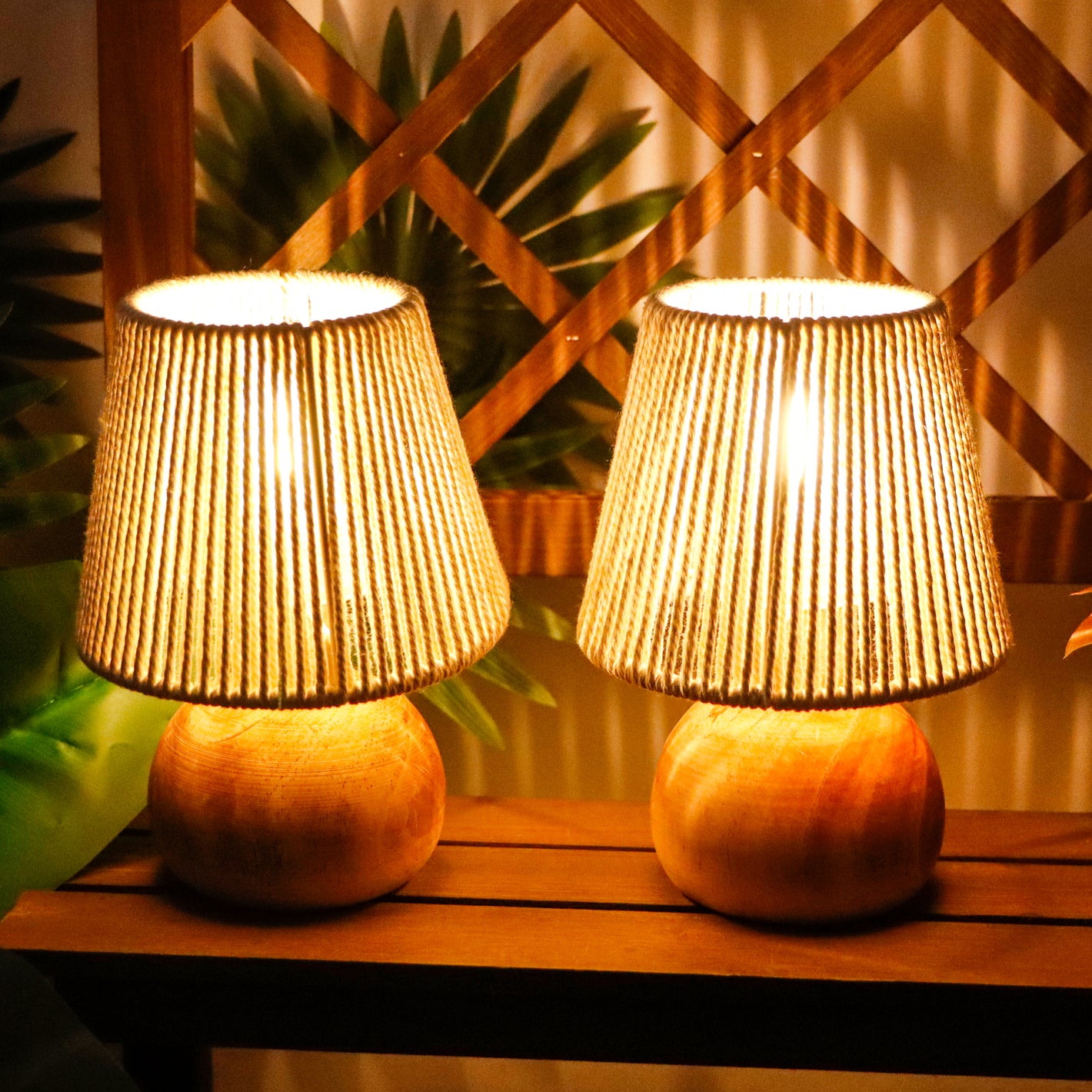 TRIROCKS Set of 2 Woven Cotton Rope Table Lamp – 8'' Cordless Battery-Powered, Wooden Base Boho Lamps, Indoor/Outdoor