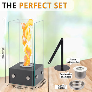 JHY DESIGN Rectangular Glass Tabletop Firepit 35cm H – Portable, Bio Ethanol, Ventless, Rotating Flame, Indoor/Outdoor