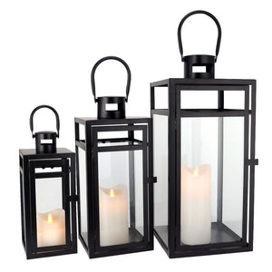 Bougeoir lanterne en métal en acier inoxydable de 19 po, 15 po et 12 po de hauteur avec panneaux en verre trempé (Ensemble de 3)