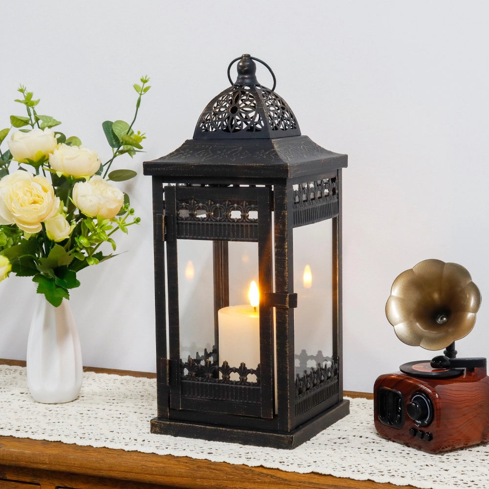 14.5"High Vintage Hanging Lantern（Black with Gold Brush）