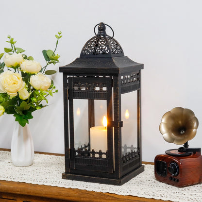 14.5"High Vintage Hanging Lantern（Black with Gold Brush）