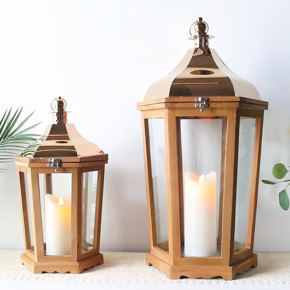 JHY design Set of 2 White Wood Decorative Candle Lanterns 21.5&14 High  Metal Lanterns for