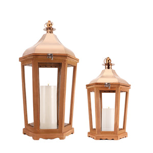 17''&24'' H Wood Metal Hexagon Candle Holder Decorative Hanging Lanterns(Set of 2)