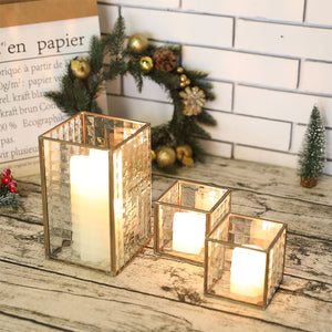 Copper Frame with Texture Glass Hurricane Candleholder ( Set of 3 )