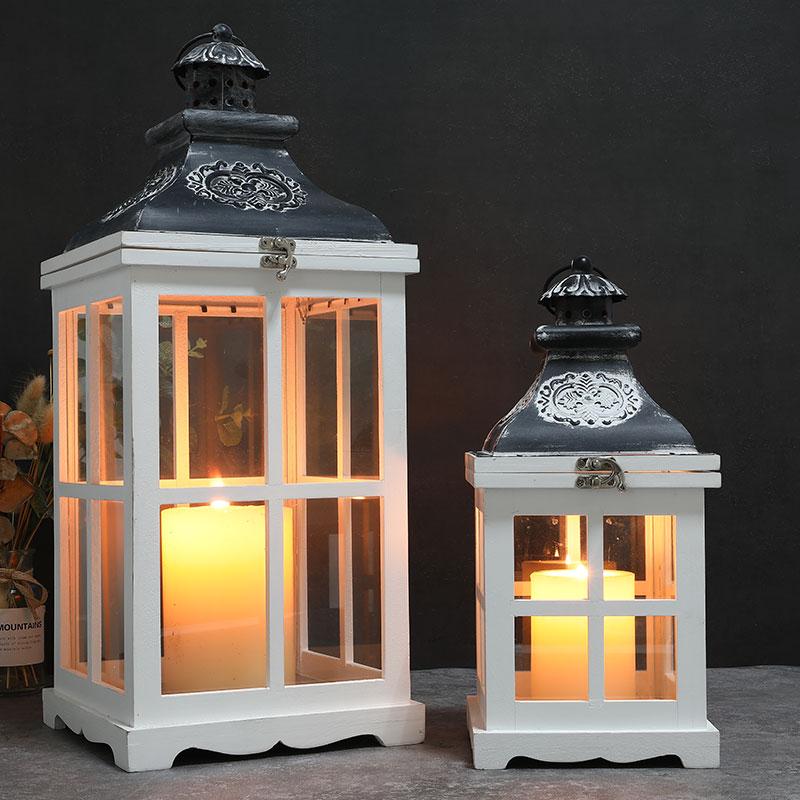 21.5"&14" High White Wood Decorative Candle Lanterns (Set of 2) 