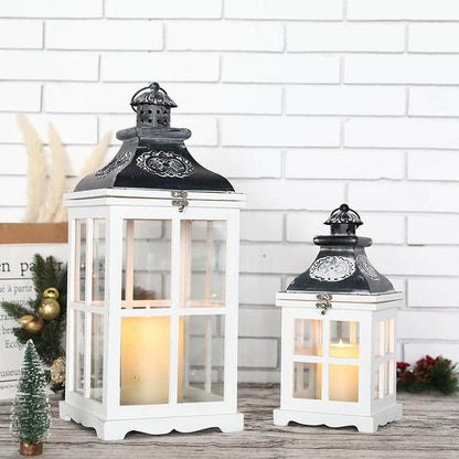 21.5"&14" High White Wood Decorative Candle Lanterns (Set of 2) 