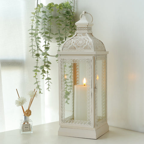 Lanterne décorative rustique en métal, bougeoir suspendu avec verre trempé (blanc)