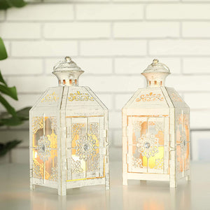 Set of 2 Decorative Lanterns 9.5" High Metal Candle Lanterns Vintage Style Hanging Lantern White with Gold Brush