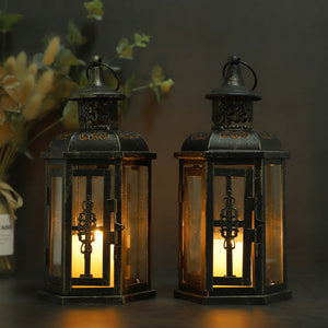 Set mit 2 dekorativen Laternen – 25,4 cm hoch – Hängelaterne im Vintage-Stil, Metall-Kerzenhalter, weiß mit Goldbürste 