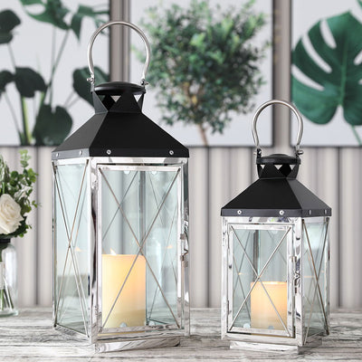 Stainless Steel Decorative Lanterns with Tempered Glass (Set of 2 )（Only For US）