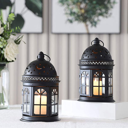 Set of 2 Decorative Lanterns-8.5 inch High Vintage Style Hanging Lantern Metal Candle Holder for Indoor Outdoor Events Parities and Weddings (Black)