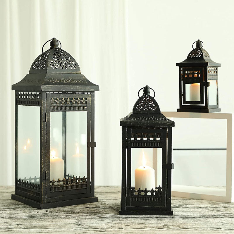 JHY DESIGN Decorative Lanterns-10inch High Vintage Style Hanging Lantern,  Metal Candleholder for Indoor Outdoor, Events, Parities and Weddings(Black  with Gold Brush) 