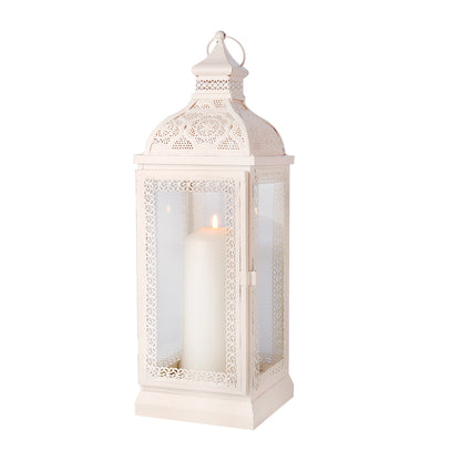 Rustic Metal Decorative Candle Lantern Hanging  Candle Holder with Tempered Glass(White)