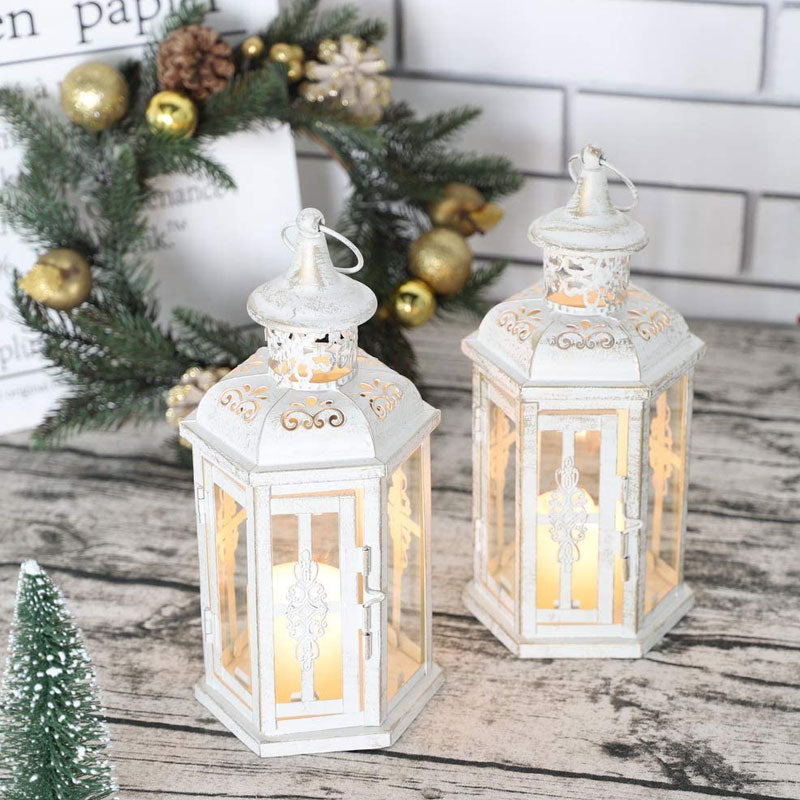 JHY DESIGN Set of 2 Decorative Candle Lantern 9.5''High Metal Candle  Lantern Vintage Style Hanging Lantern for Wedding Parties Christmas  Decorations