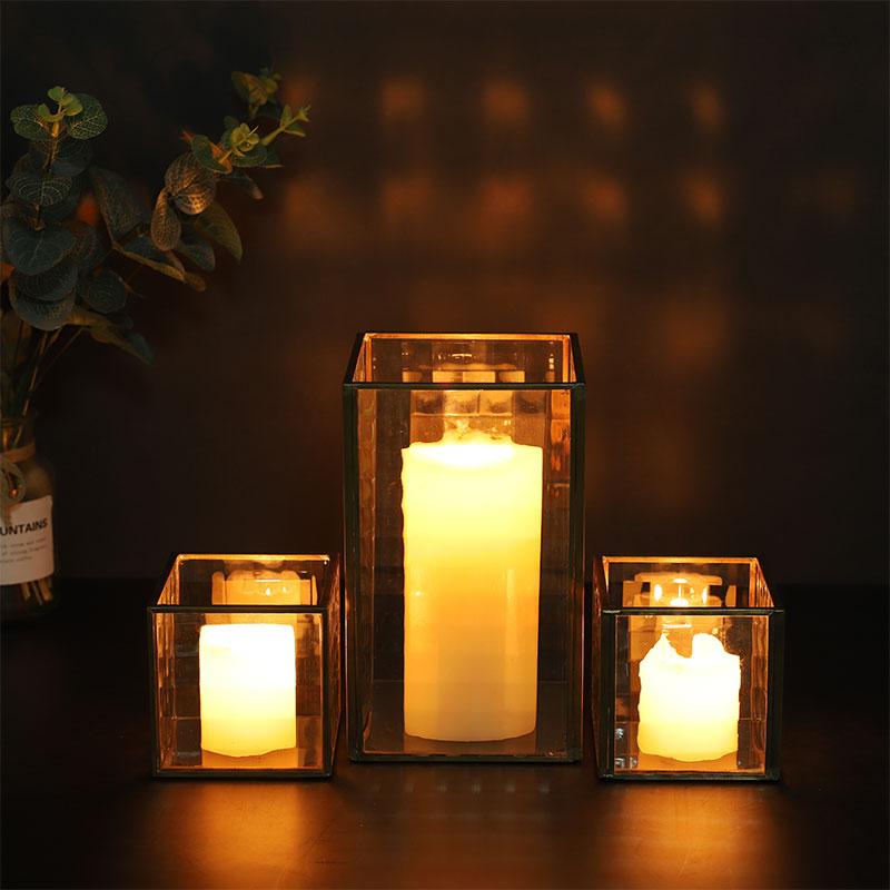 Copper Frame with Texture Glass Hurricane Candleholder ( Set of 3 ) 