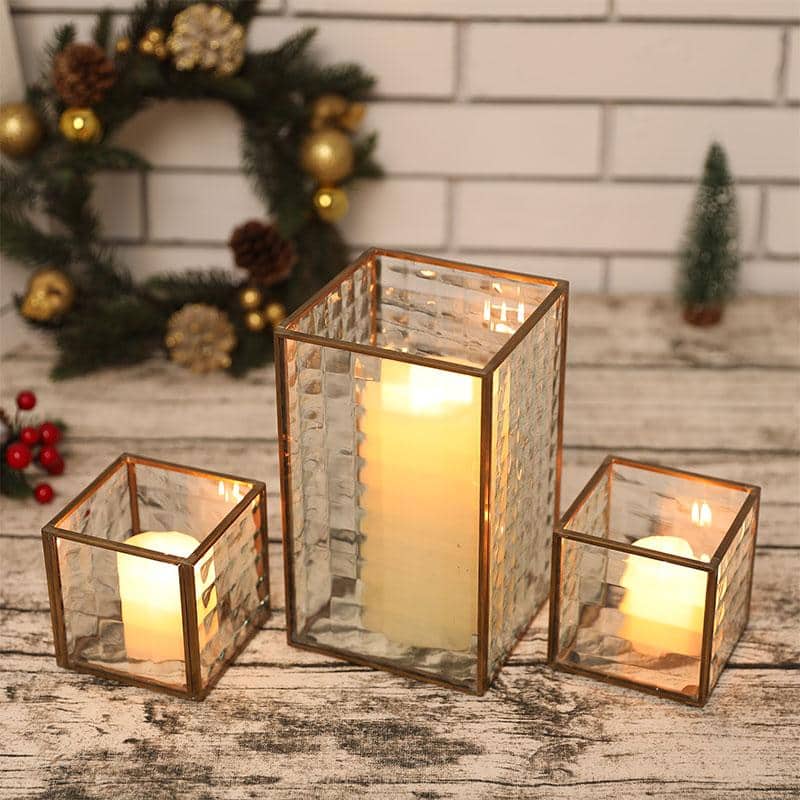 Copper Frame with Texture Glass Hurricane Candleholder ( Set of 3 ) 