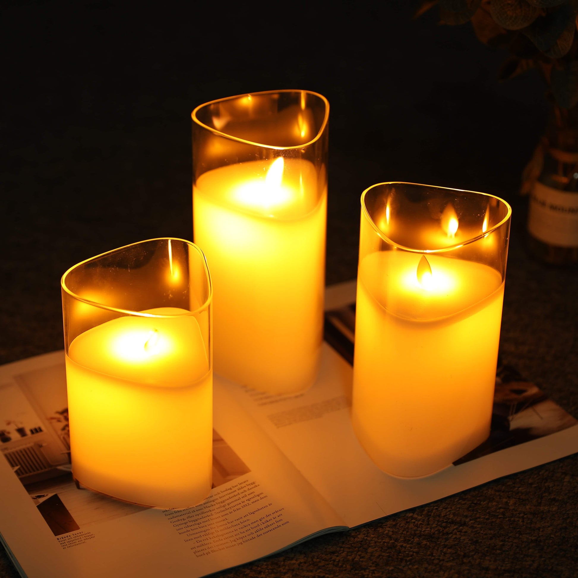 Set of 3 Glass Battery Operated Triangle Flameless Candles 